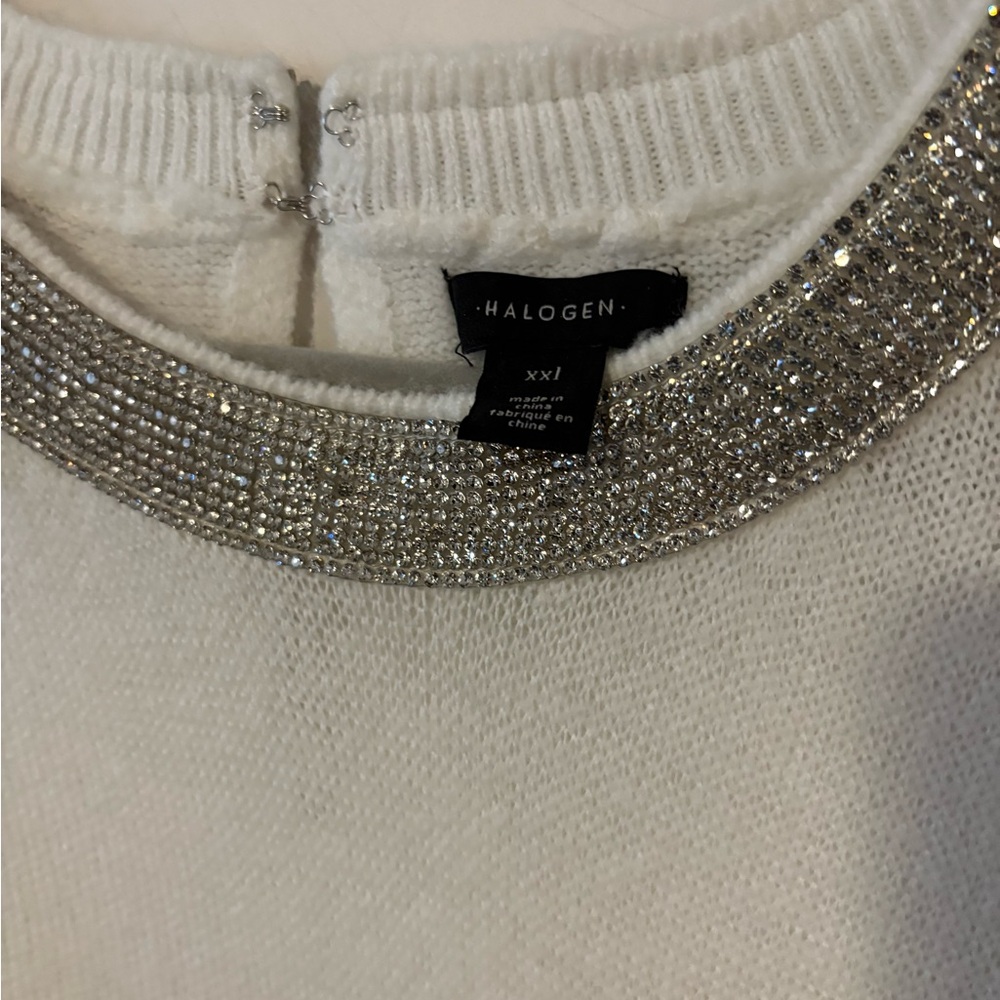 Halogen White Sweater with Sparkling Rhinestone Detail